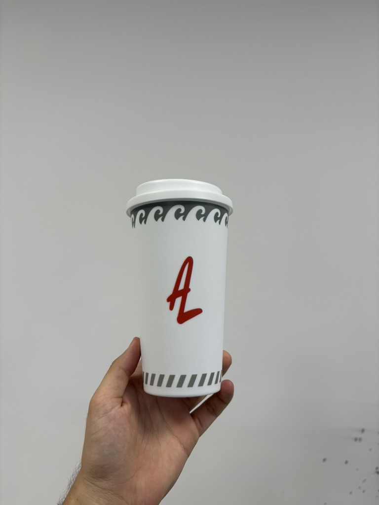 Vaso Lexander blanco personalizado con símbolo rojo y cenefas grises