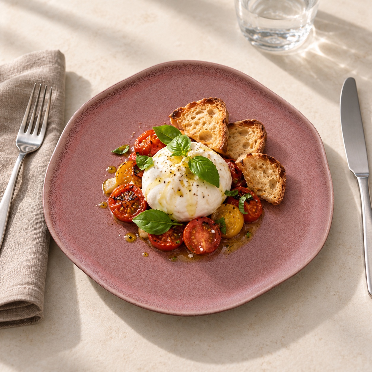 Emplatado de burrata y tomates sobre Nova, recreado con IA